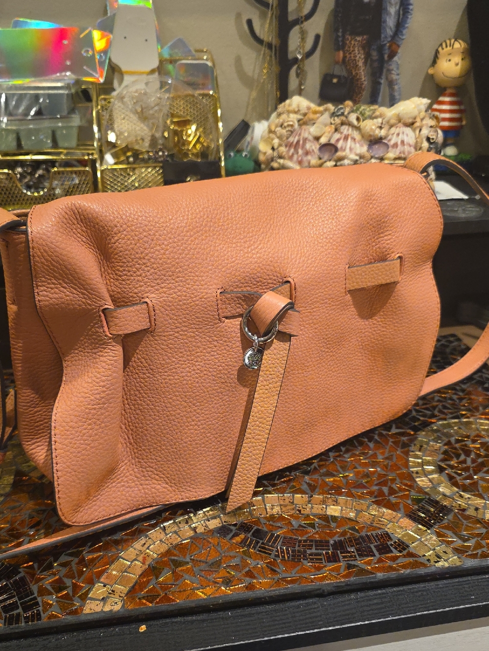 Vince Camuto Peach-Tan Pebbled Leather Small Crossbody